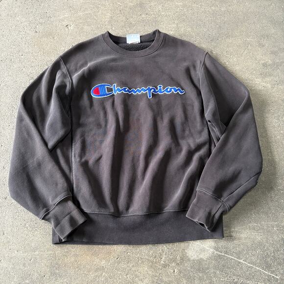 Champion Reverse Weave Crewneck Sweatshirt Mens M Faded Black Sweater Spellout - Picture 1 of 8